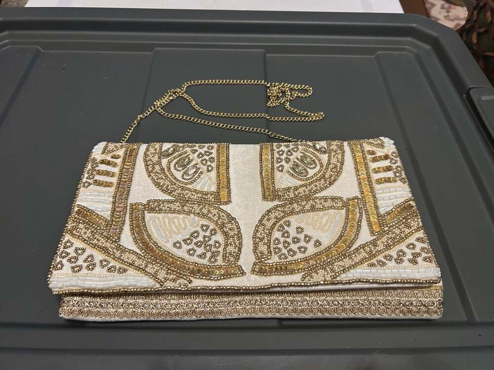 Lulus Ivory Velvet Beaded Clutch with Gold Chain
